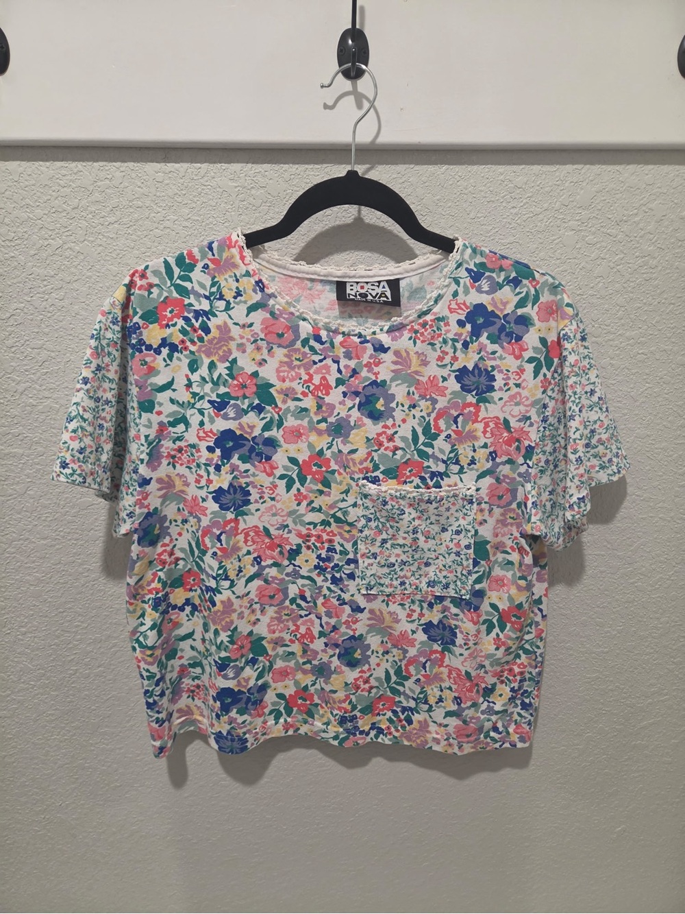 Vintage Bosanova Women's Floral Pocket Tee - White with Multi-Color Print
